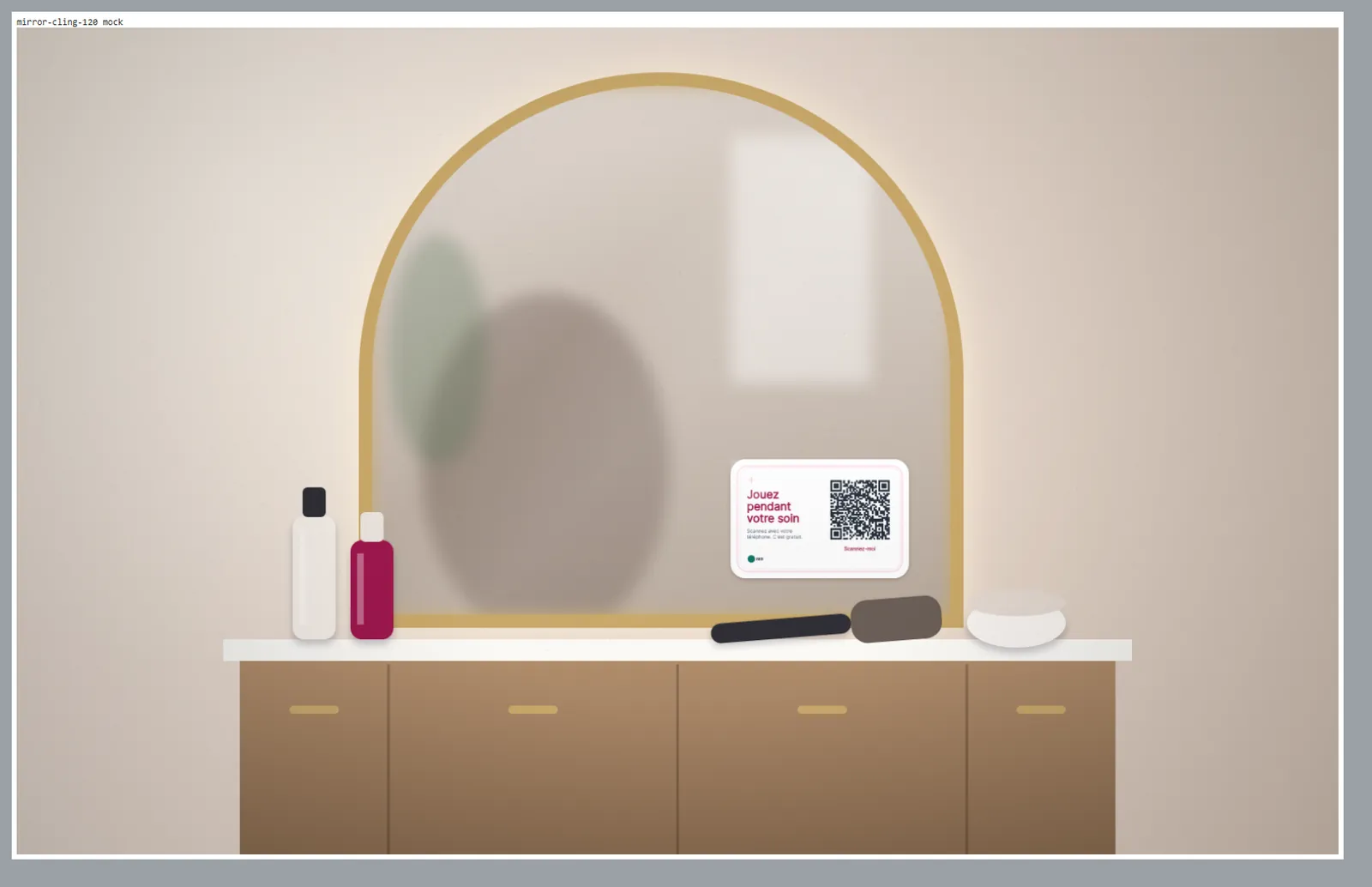 Mock-up: Dawwerni stand with a QR code at a mirror