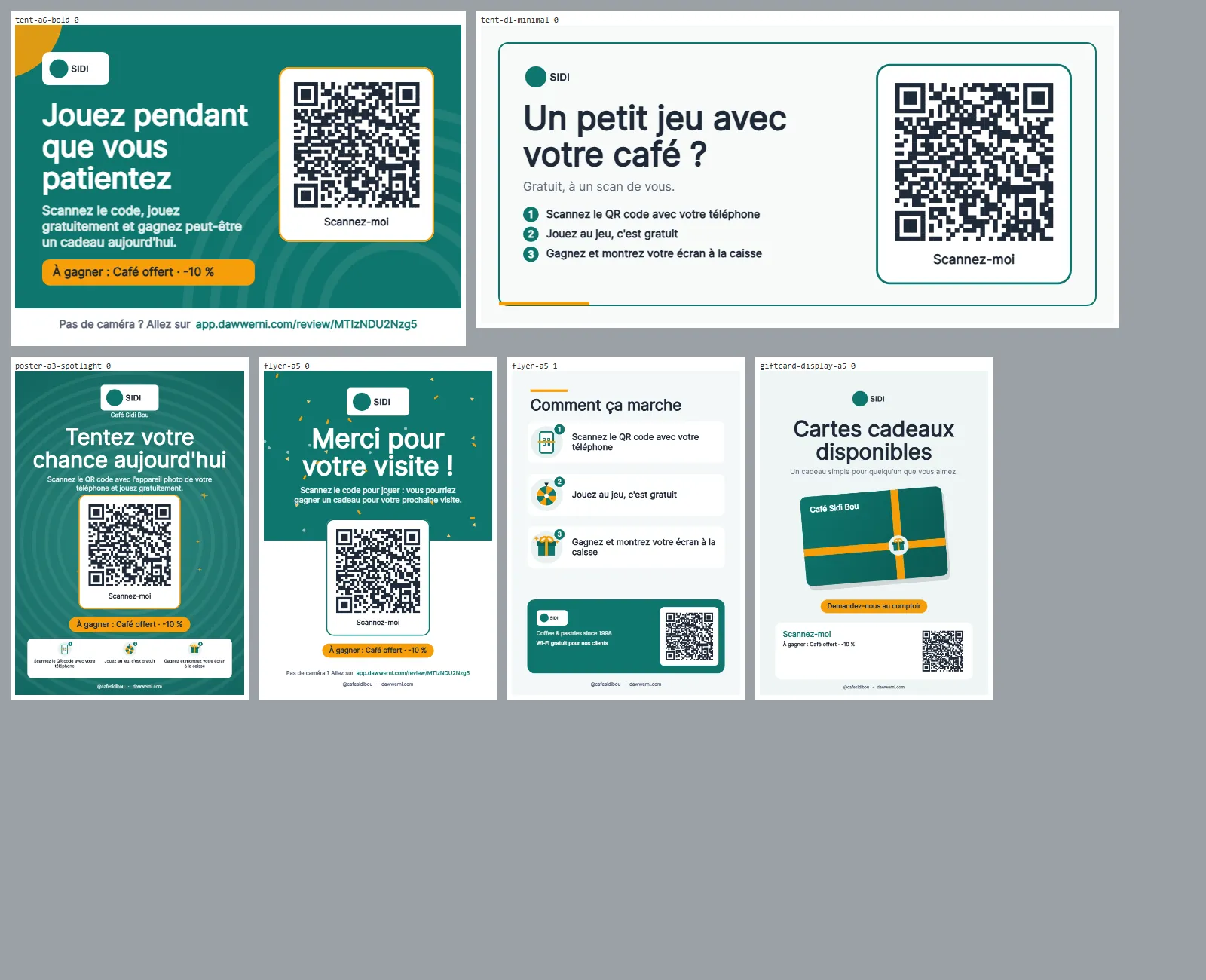 Print kit templates (French demo): table tents, posters, flyers and a gift card display