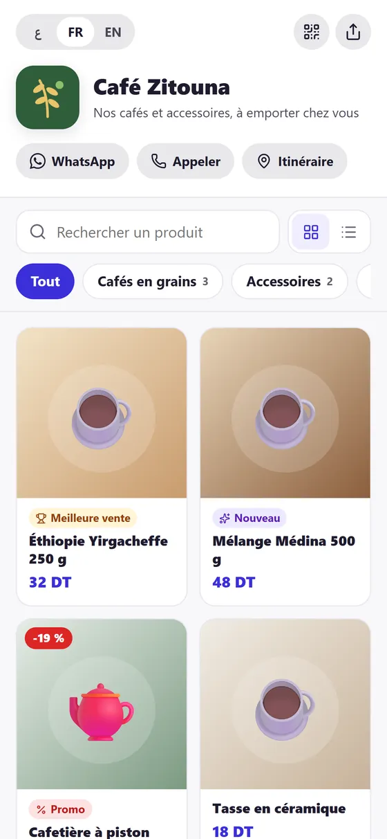Screenshot: Dawwerni product catalog on a phone (French demo)