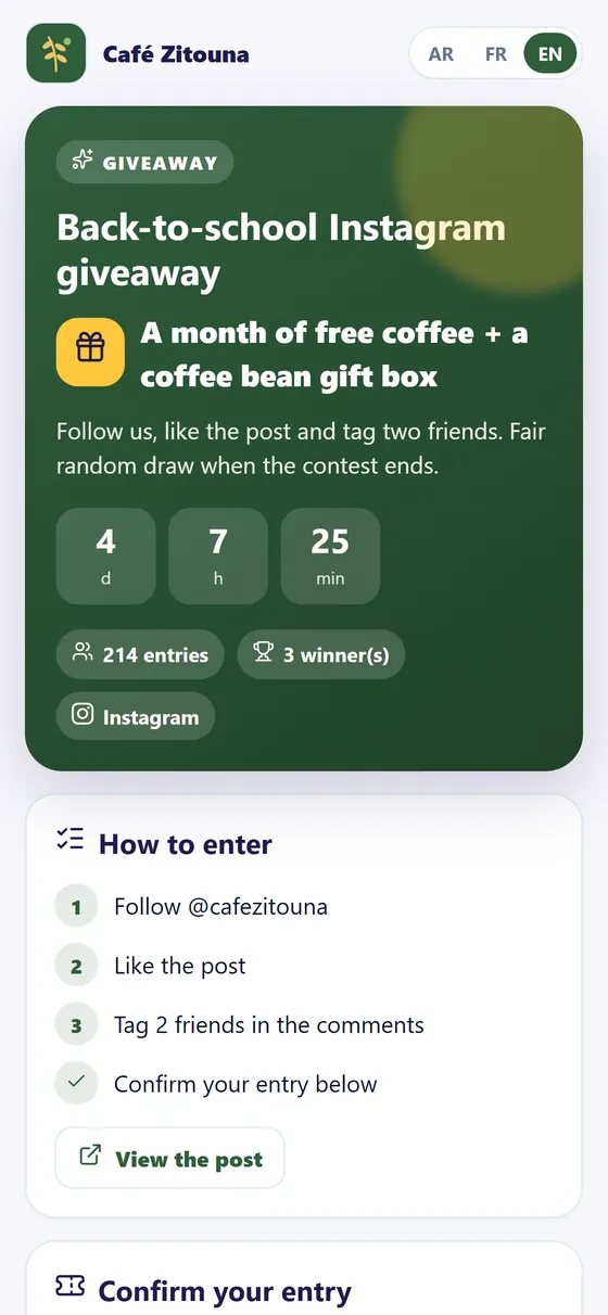 Instagram contest entry page