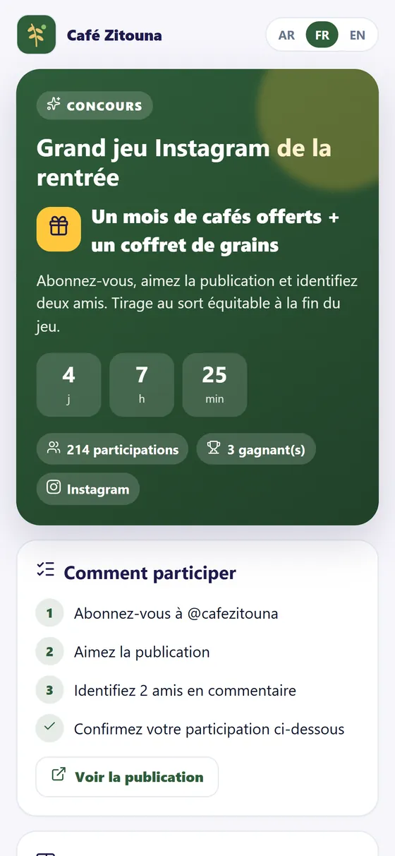 Page de participation à un concours Instagram