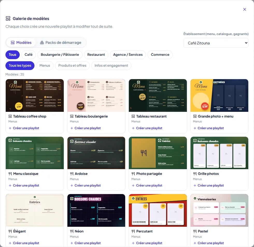 Capture: gallery of screen templates (menus, products, promos) in Dawwerni
