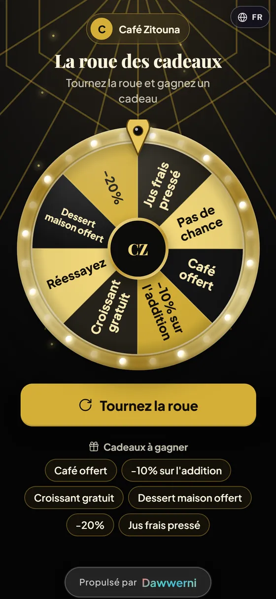 Screenshot: Dawwerni spin wheel with the Luxury gold theme